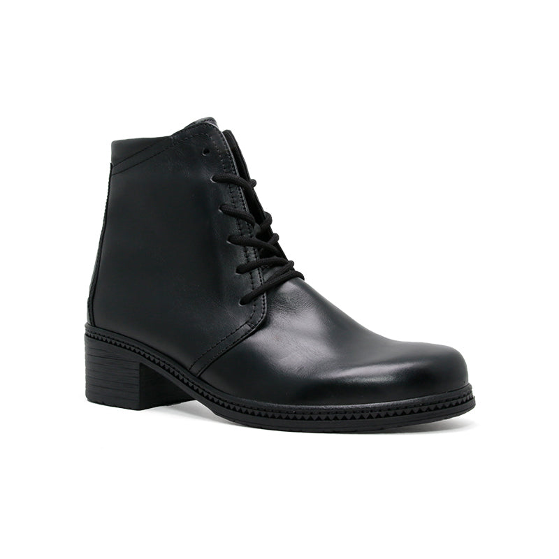 Matte dark leather lace-up ankle boot with black chunky block heel