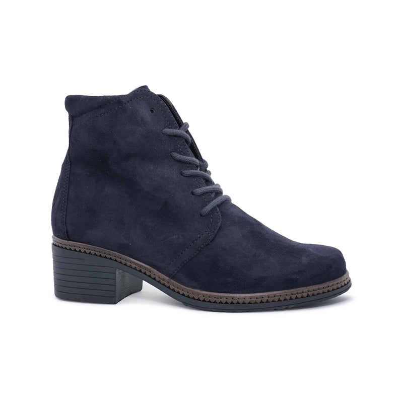 Dark blue suede lace-up ankle boot with low stacked block heel