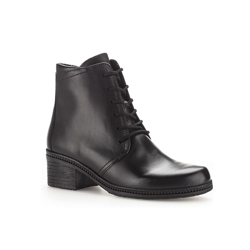 Matte black leather lace-up ankle boot with stacked block heel