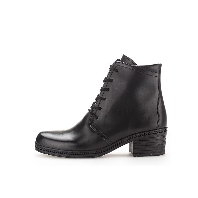 Black leather ankle boot with lace-up front and low stacked heel