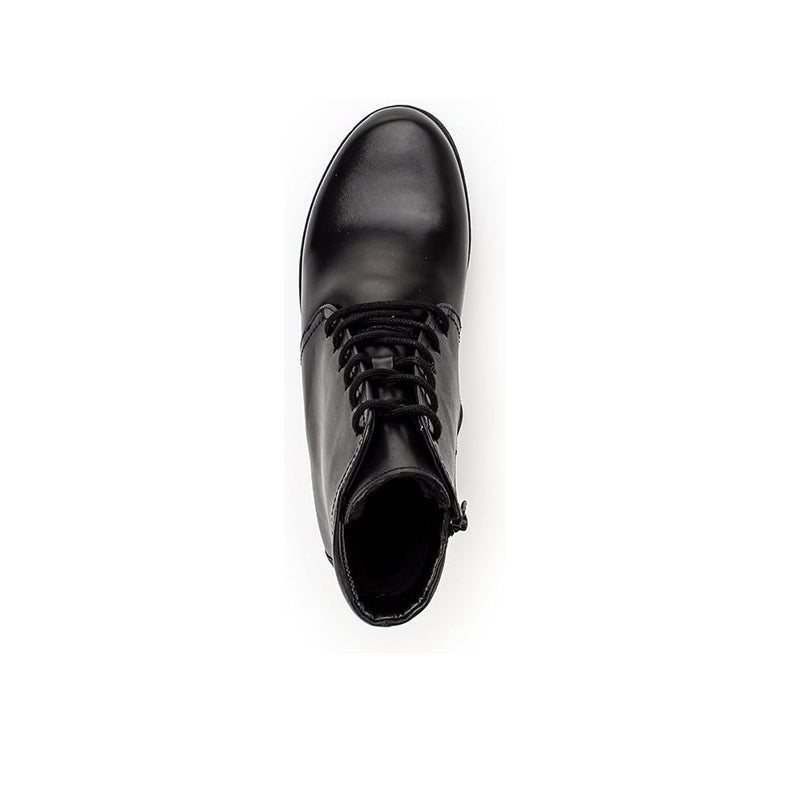 Black leather lace-up ankle boot, toe and opening view