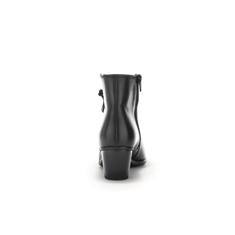 Black leather heeled ankle boot with pull tabs and side hardware