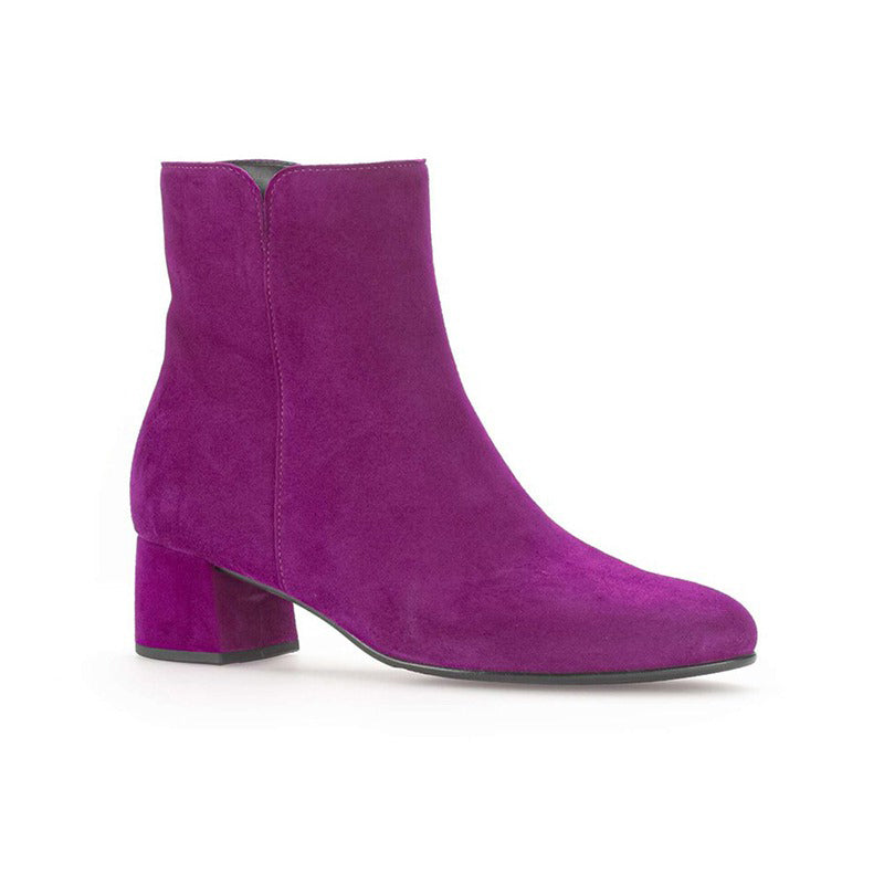 Women’s purple suede ankle boots with low block heel