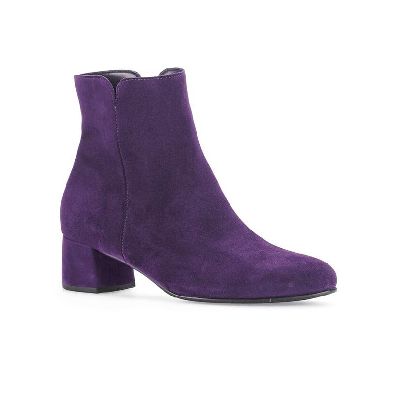 Women’s purple suede ankle boots with low block heel and side seam