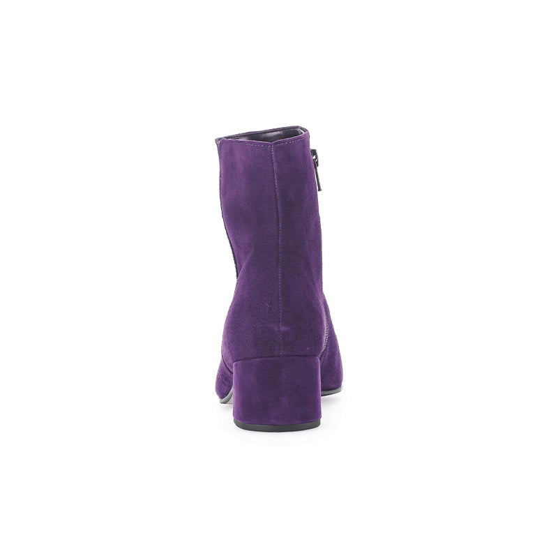 Women’s purple suede ankle boots with stacked low heel, rear view
