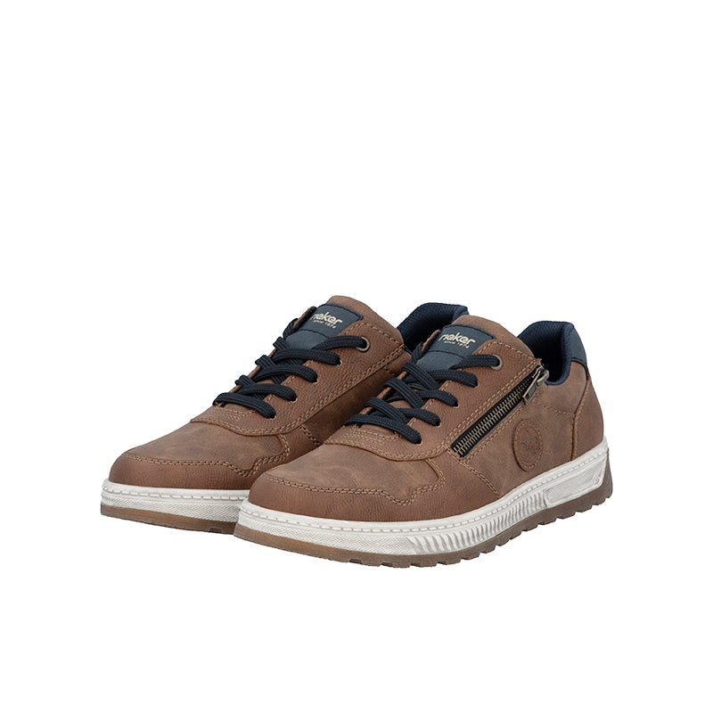 Men's brown leather sneakers, lace-up front and side zip detail, blue lining