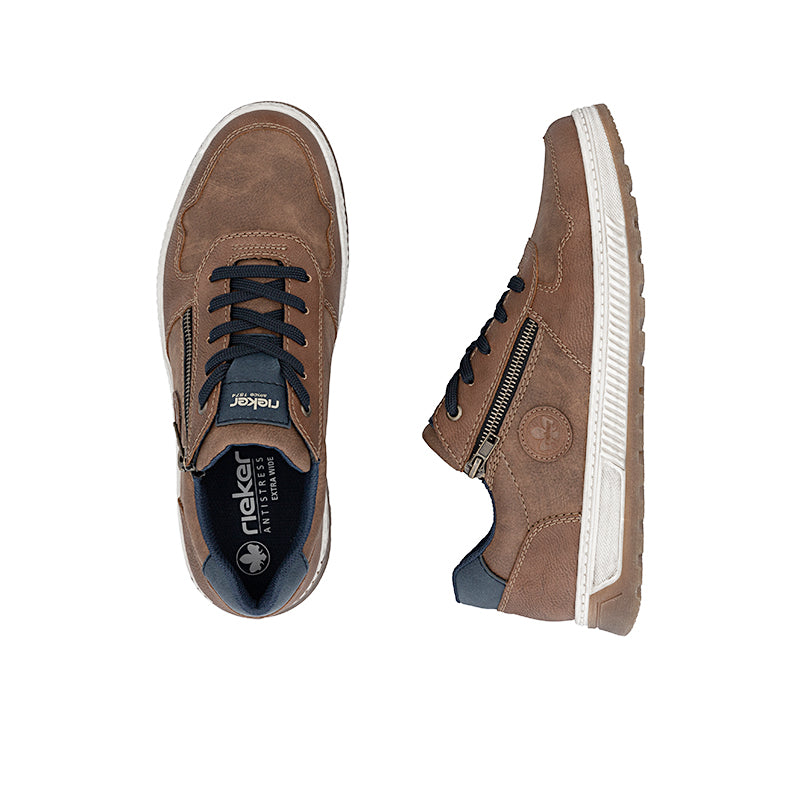 Men's brown leather sneakers, lace-up and side zip, blue interior lining