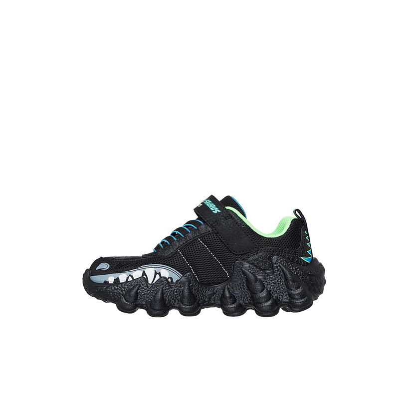 Boys' Skechers black sneakers with neon green lining and blue tread detail