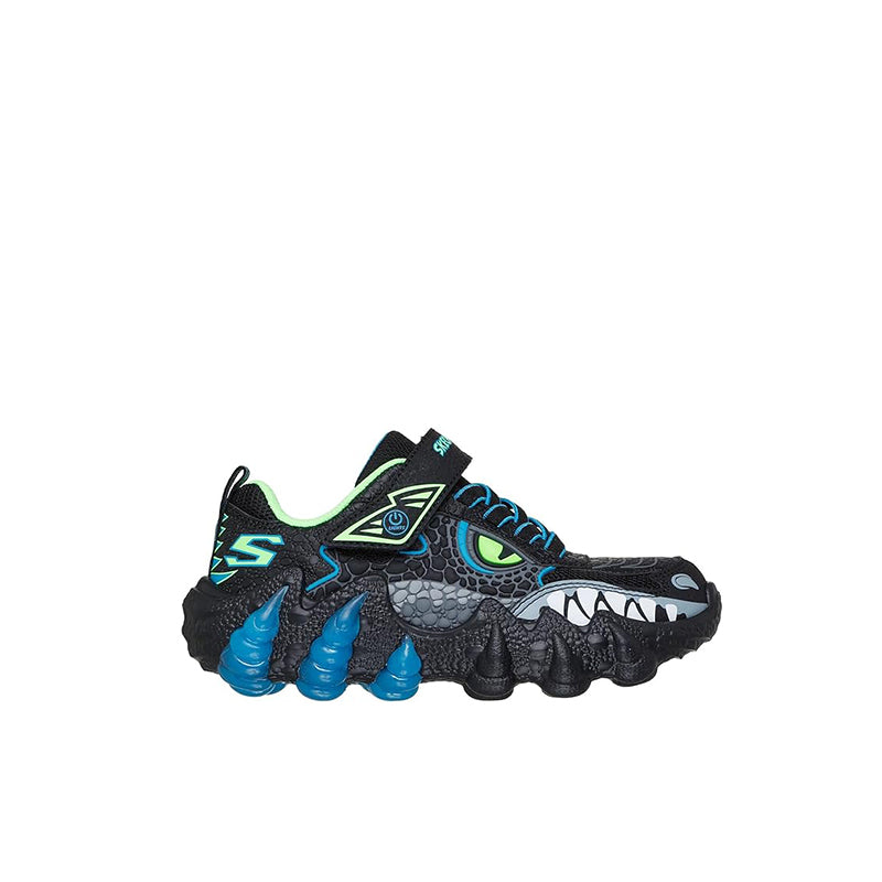 Boys' Skechers sneakers in black with neon green highlights and blue accents