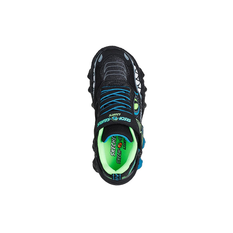 Boys' Skechers black sneakers with neon green insole and blue side details