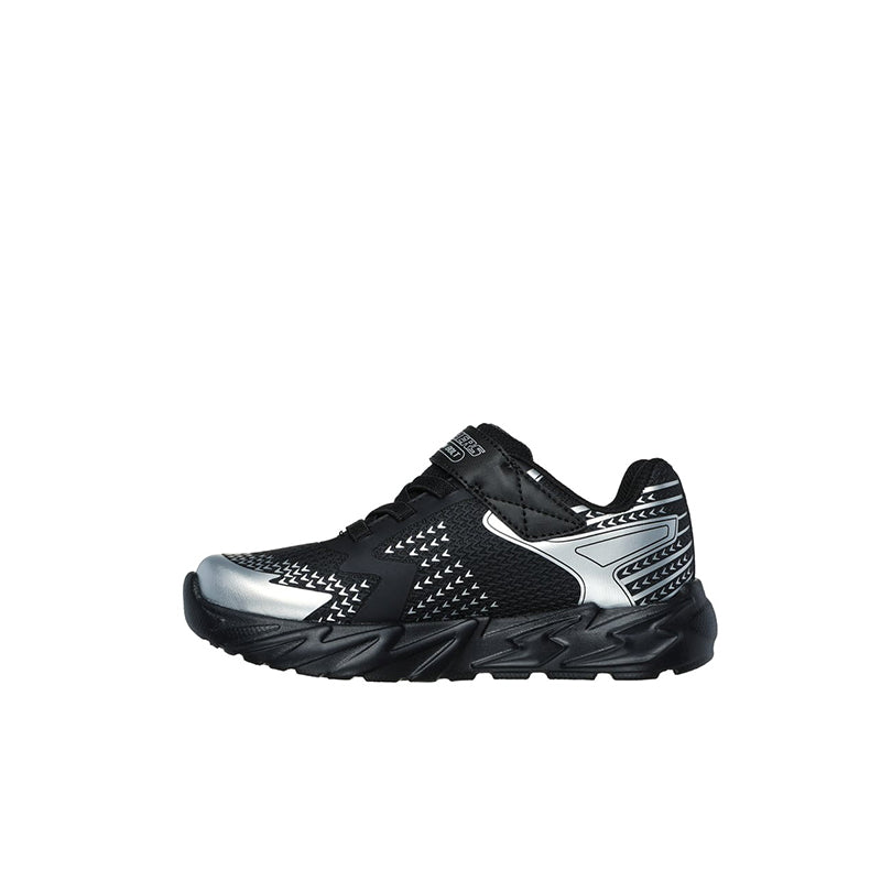 Boys' side view lace-up sneakers, black with silver details and zigzag tread sole