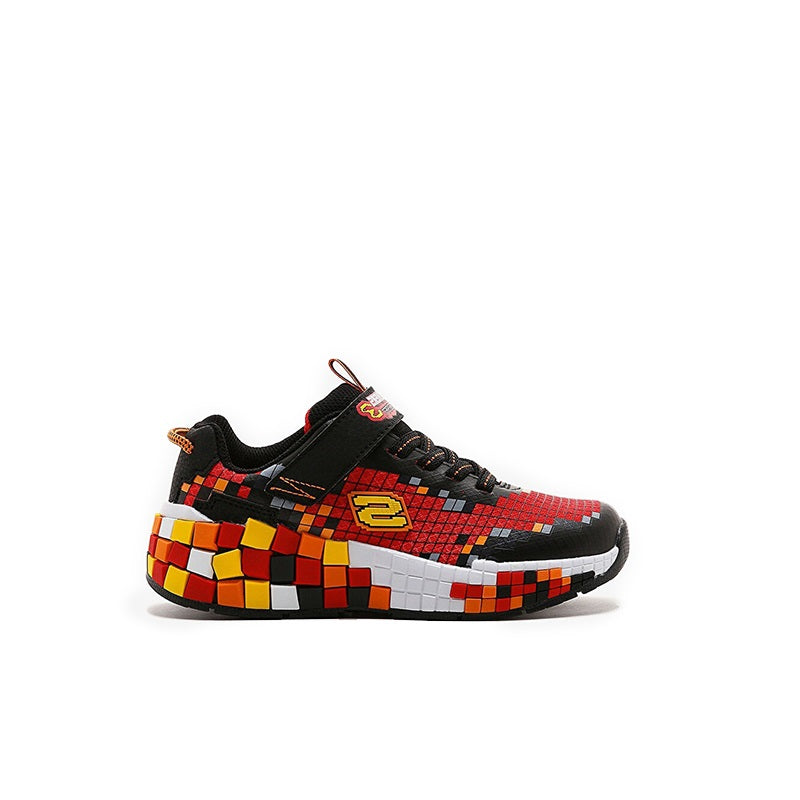 Boys' black and red lace-up sneakers with 'S' logo patch and multicolor trim
