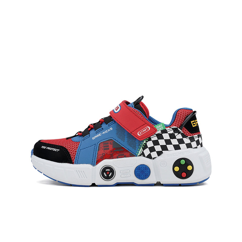 Boys' Skechers Gametronix sneakers, red blue black with strap and checker toe