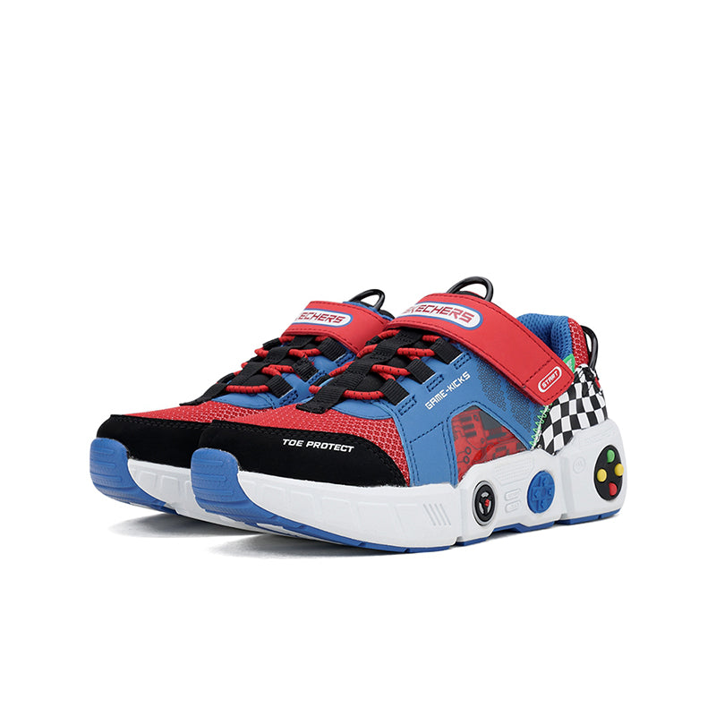 Boys' Skechers Gametronix sneakers, red blue black, lace-up with toe protect panel