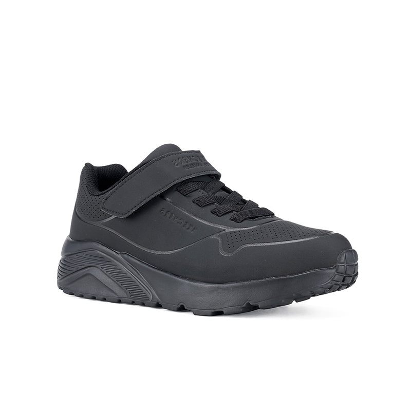 Boys black casual sneaker with hook-and-loop strap and lace-up front