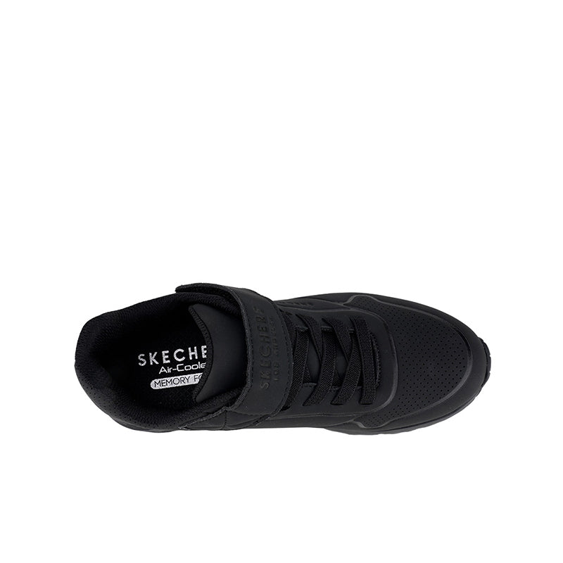 Boys black sneaker interior lining with Skechers logo on heel