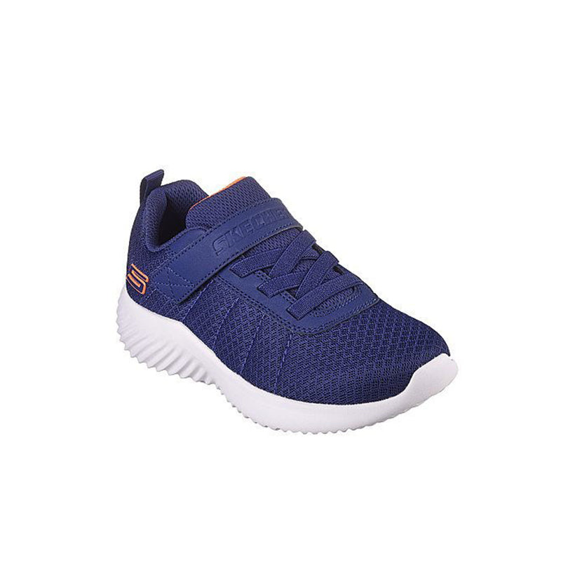 Boys mesh sneaker with hook-and-loop strap, blue with orange accent, white sole
