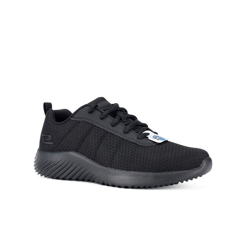 Boy's black mesh sneaker with lace-up closure and cushioned rubber sole