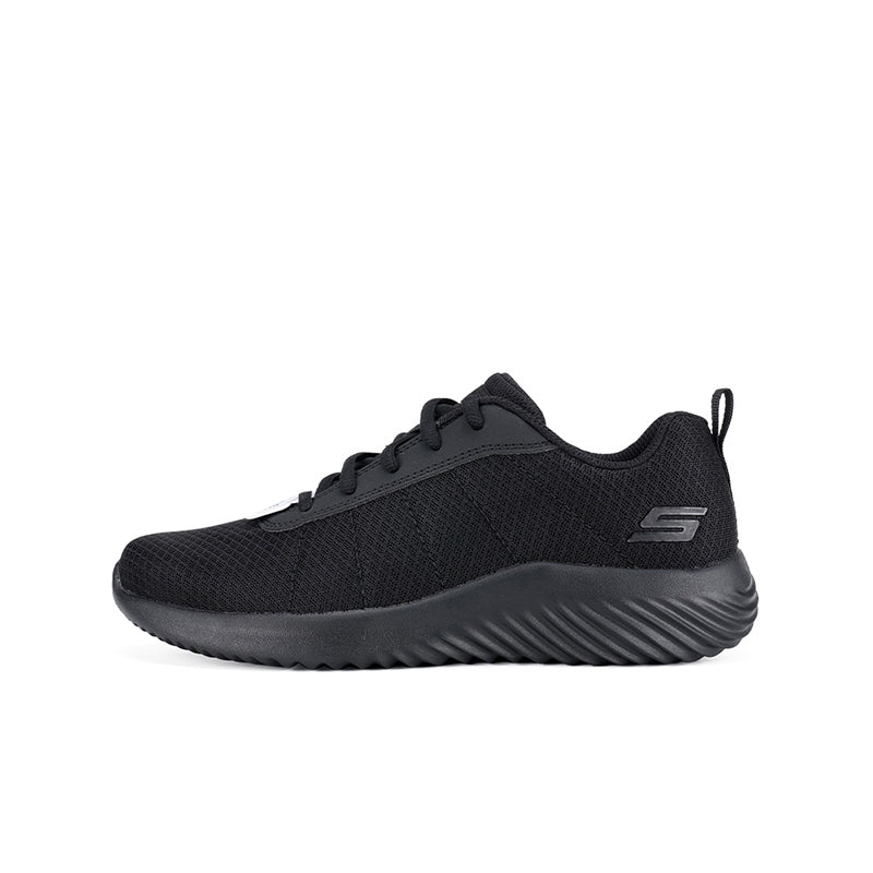 Boy's black mesh sneaker, side view, lace-up and textured rubber sole