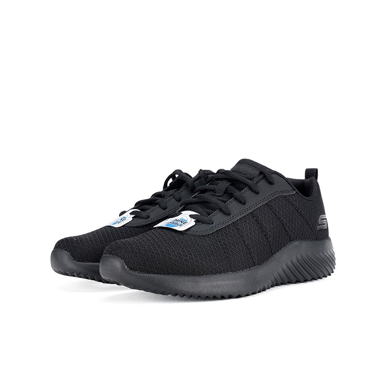 Boy's black mesh sneaker, front three-quarter view, lace-up with padded collar