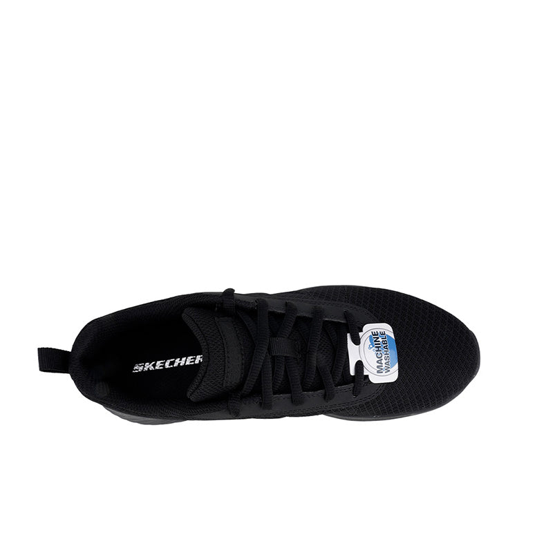 Boy's black mesh sneaker, top view, lace-up with pull tab
