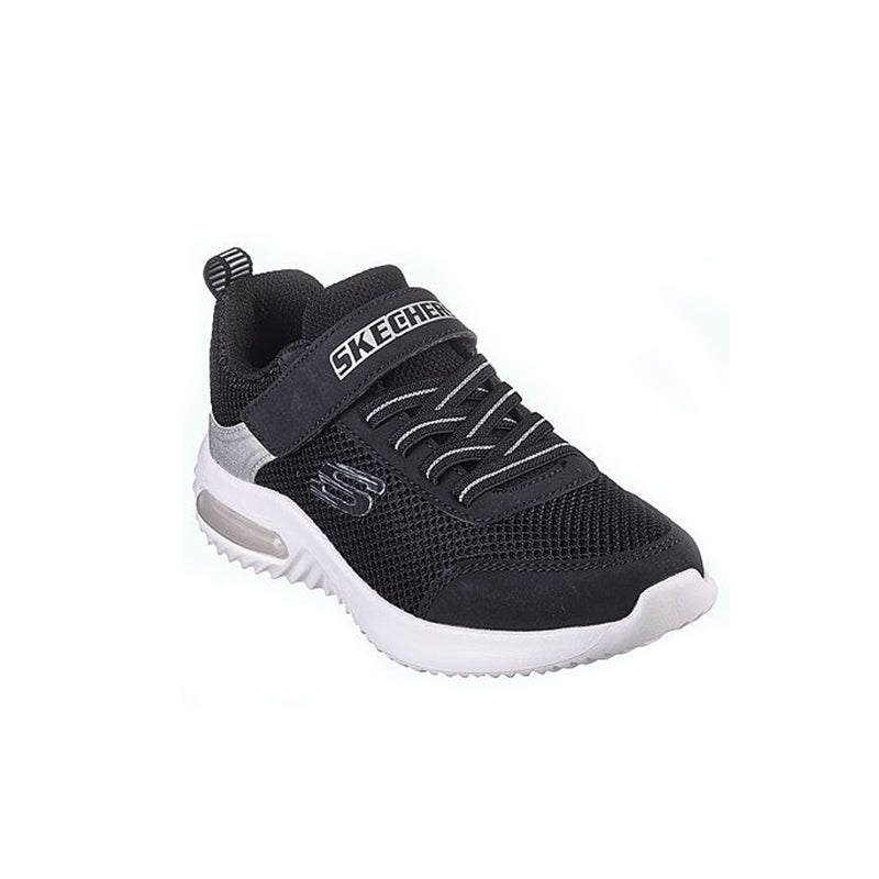Black mesh boys sneaker with Skechers logo, lace-up and white cushioned sole