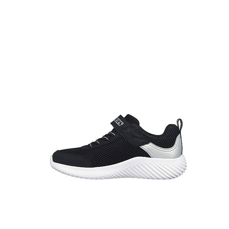 Black boys sneaker with mesh upper, side stripe detail, and white cushioned sole
