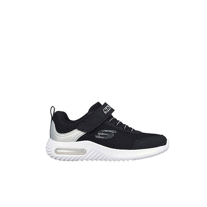 Black boys mesh sneaker with gray panels, lace-up eyelets, and white cushioned sole
