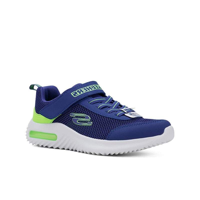 Blue mesh boys sneaker with neon green accents, Skechers logo, and white sole