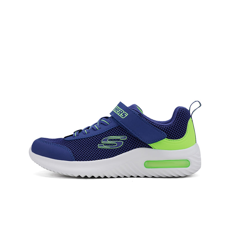 Blue boys mesh sneaker with neon green side panel and light green outsole detail