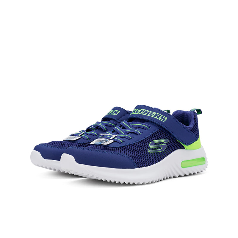 Blue boys lace-up mesh sneaker with neon green accents and white tread sole