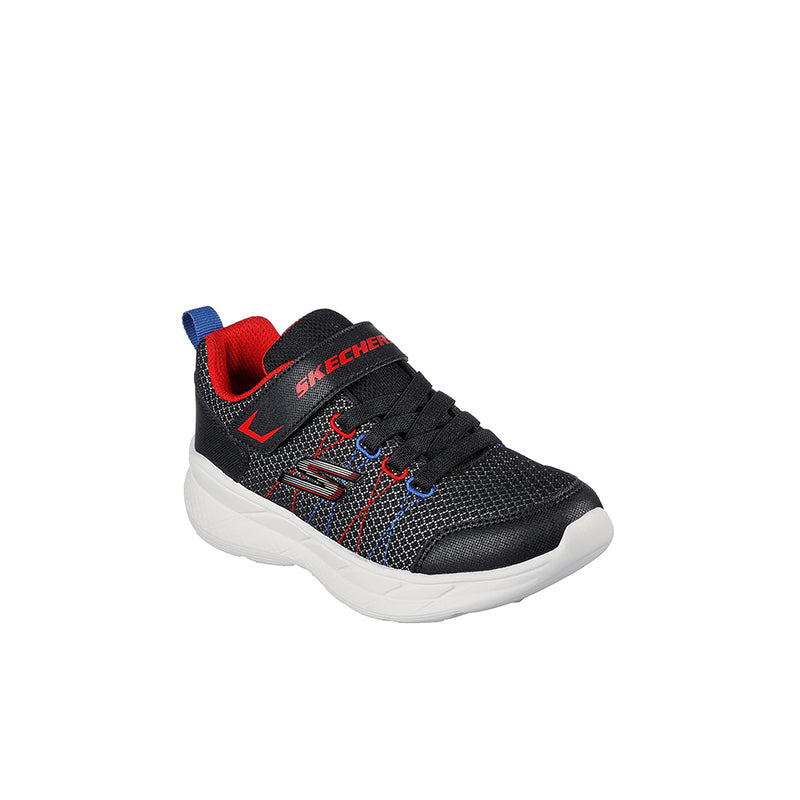 Boys sneaker with black mesh upper, blue and red accents, lace-up, white sole.