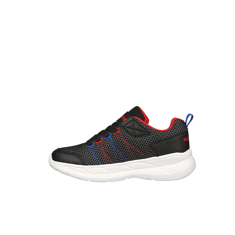 Boys lace-up sneaker in black mesh with blue and red accents, white midsole.