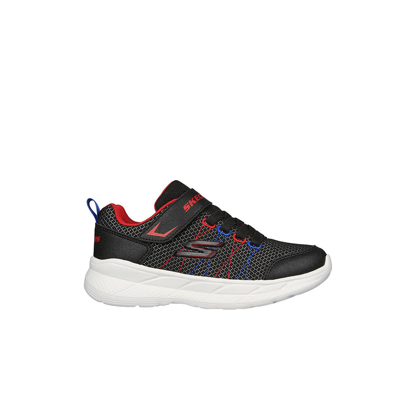 Boys lace-up sneaker, black mesh with red and blue trim, white sole.