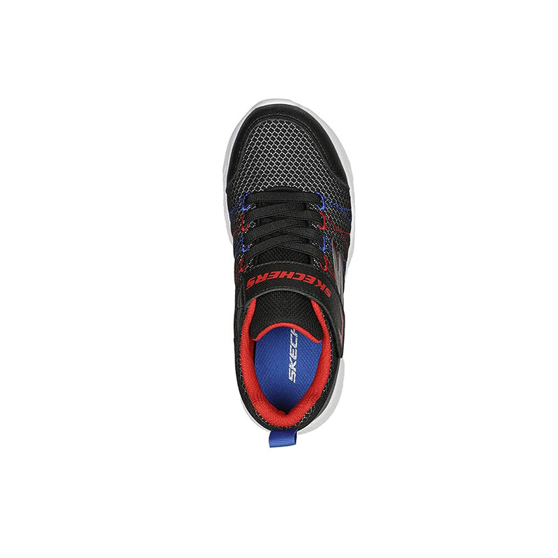 Boys sneaker heel view with black mesh and red/blue interior lining, lace-up.