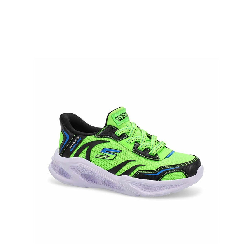 Lime green and black boys' lace-up sneakers with cushioned white sole