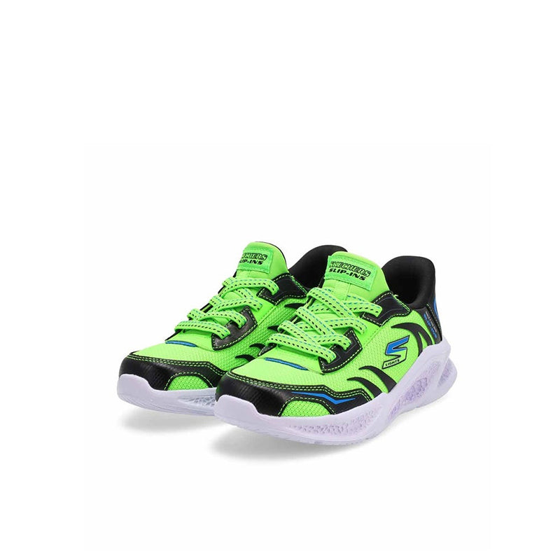 Pair of lime green and black boys' lace-up sneakers with padded white sole