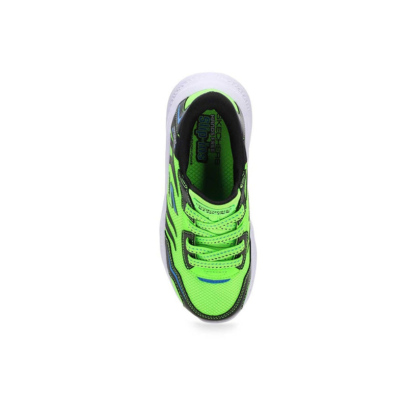 Lime green boys' lace-up sneaker with black lining and cushioned sole