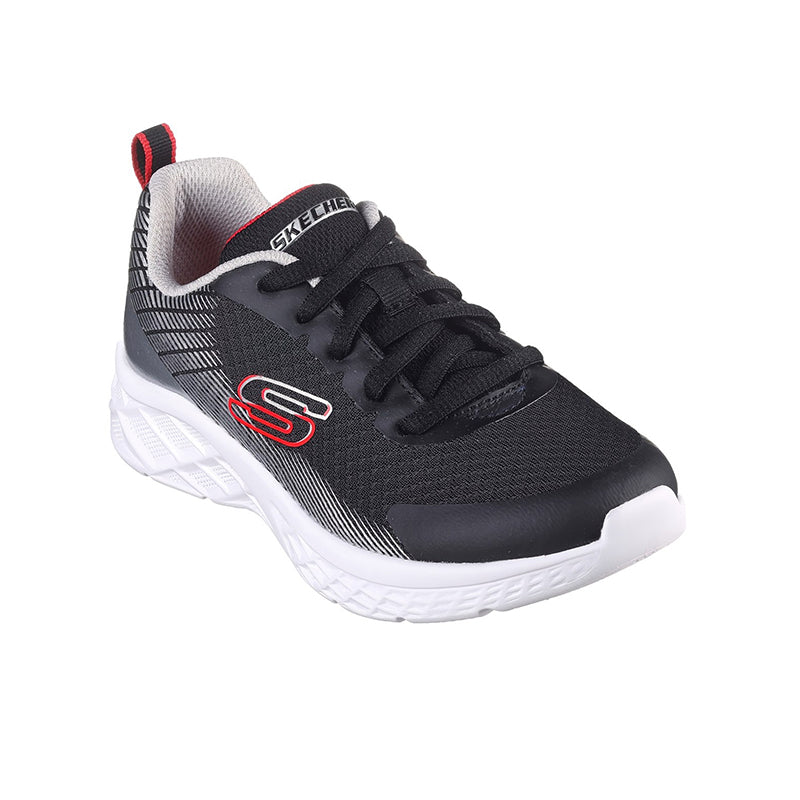 Boys black mesh sneaker with lace-up front, red S logo, and white cushioned sole