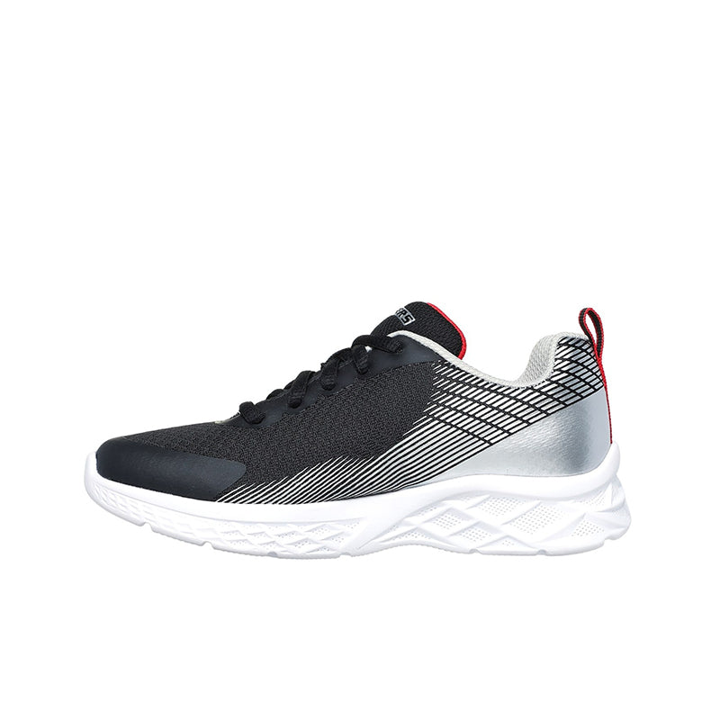 Boys black mesh sneaker with silver stripe pattern, lace-up closure, and white sole