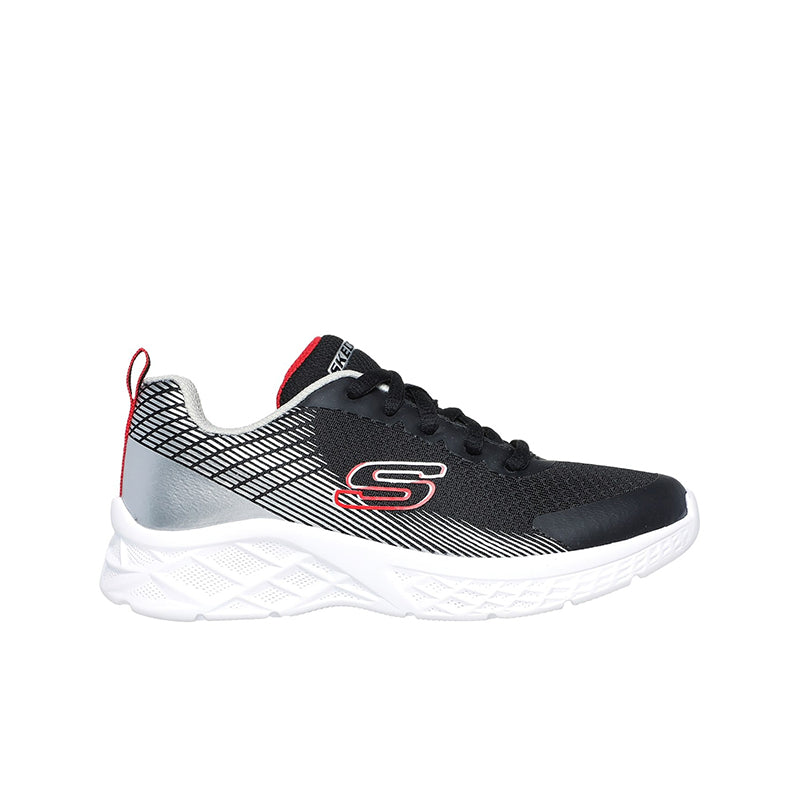 Boys black and silver mesh sneaker with red S logo, lace-up front, and white sole