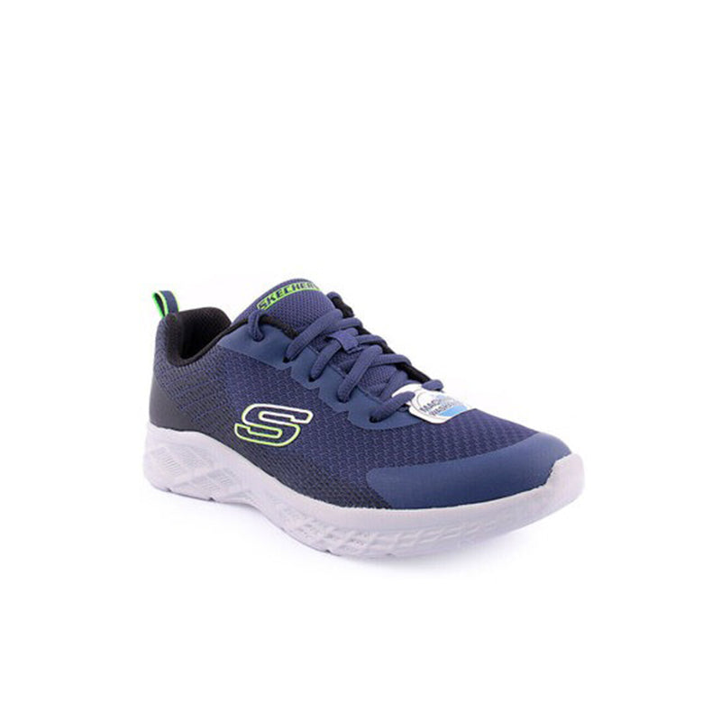 Boys blue mesh sneaker with lace-up front, S logo detail, and white cushioned sole