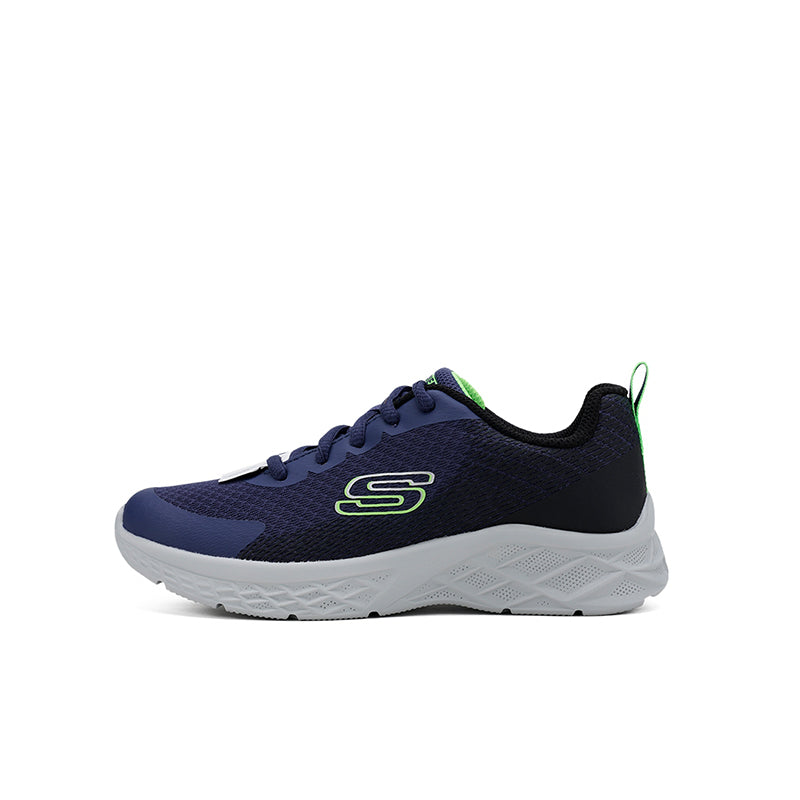 Boys navy mesh sneaker with lace-up closure, neon green accent, and white sole