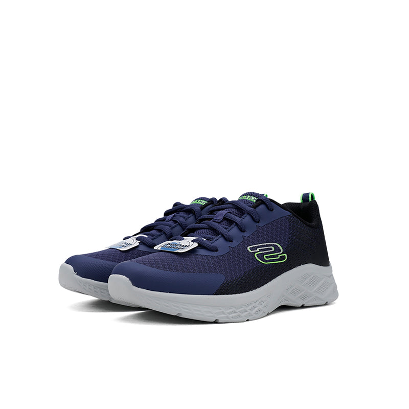 Boys navy mesh sneaker with lace-up front, S logo, and white textured sole