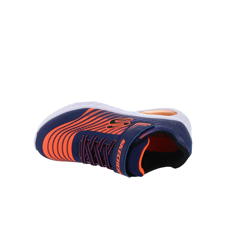Boys navy and orange sneaker toe view with mesh upper and white side sole