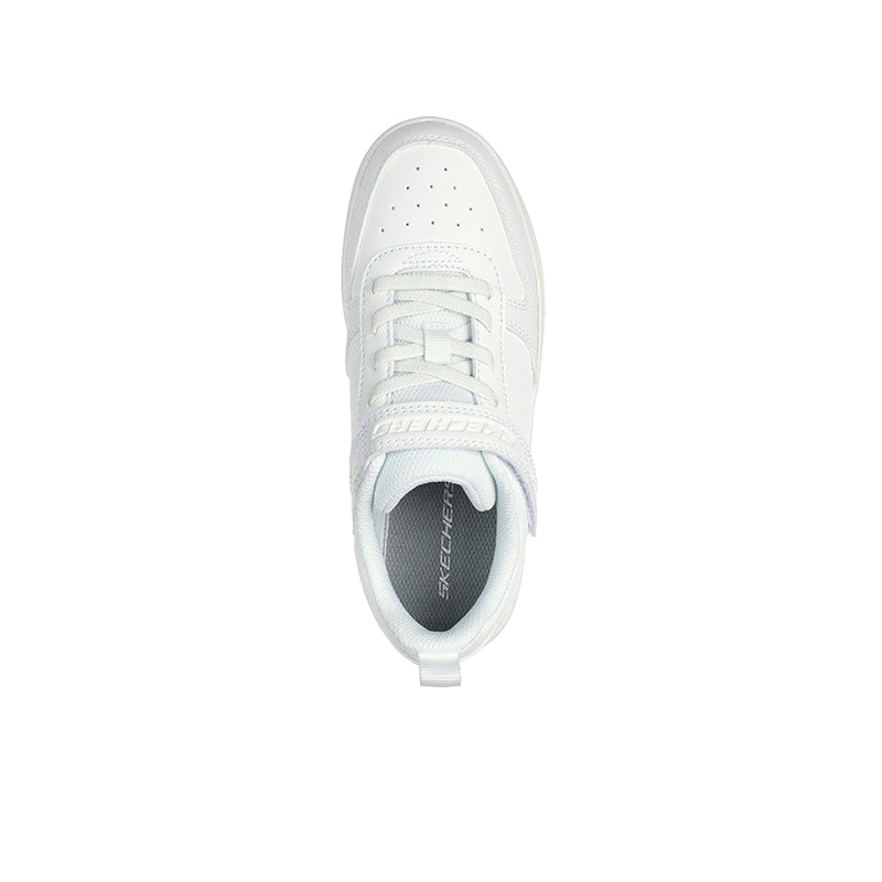 Boys white sneaker toe view with lace-up and cushioned collar lining