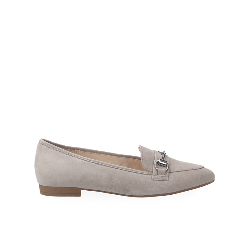 Gray suede women's loafer with metal bit detail, low stacked heel, slip-on