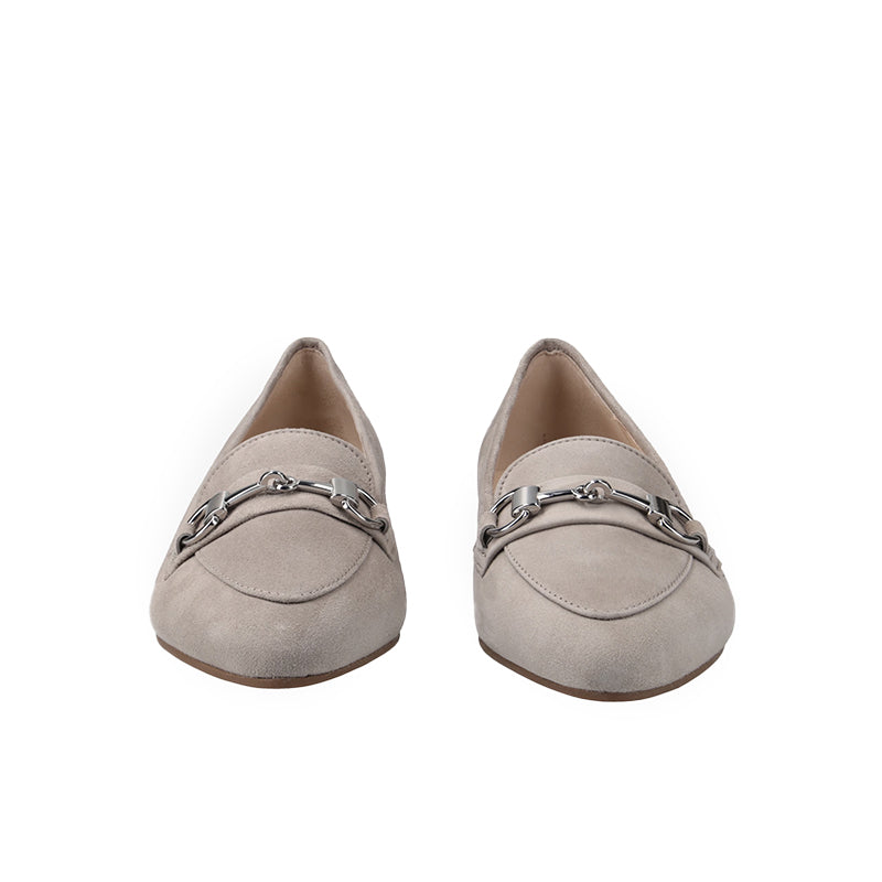 Pair of gray suede women's loafers, round toe, slip-on with metal bit