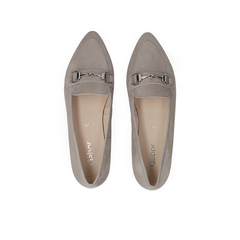 Gray suede slip-on loafer with metal buckle bit and smooth upper detail