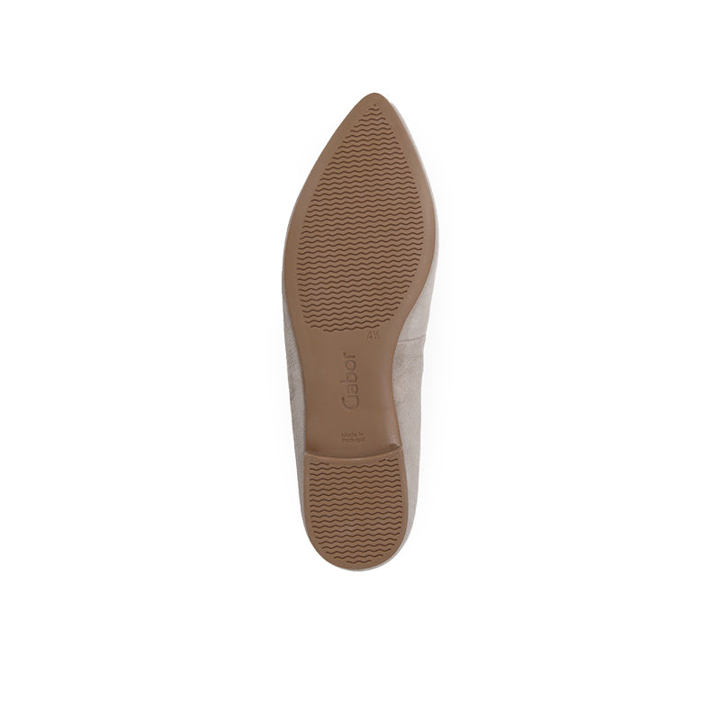 Gray suede women's loafer sole view with textured tread, low heel